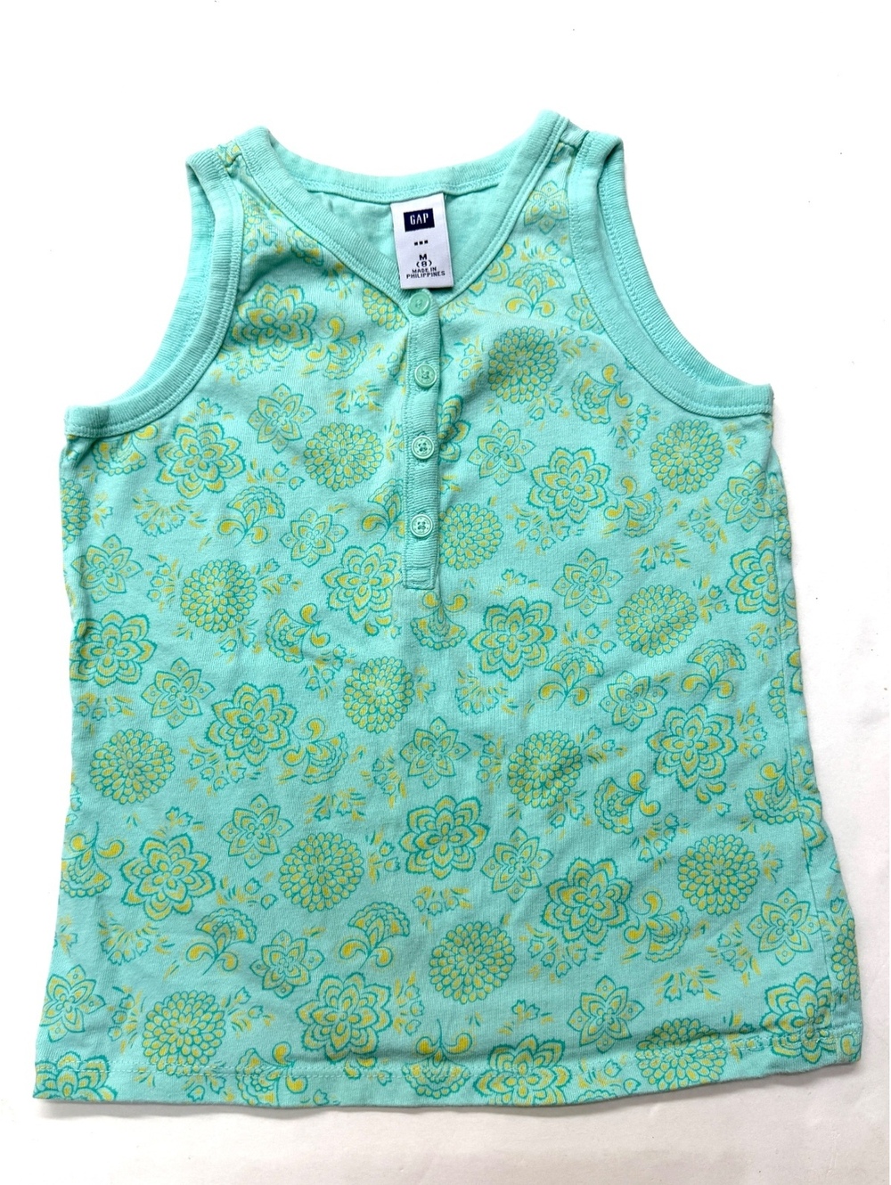 Vintage Y2K Baby Gap Turquoise Floral Sleeveless Henley Tank Top Size 8 Years